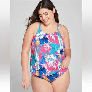 Lane Bryant Cacique Swim‎ No Wire Blouson Tankini Top in Hibiscus Tropics 28 NEW